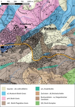 Geologische Übersicht der Ketzelburg bei Haibach. – Kartengrundlage: Bundesanstalt für Geowissenschaften und Rohstoffe, Karte: Jürgen Jung, Spessart-GIS